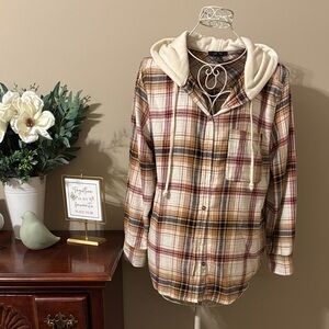 Love Tree Plaid Button Down Shirt with Hoodie - Cream, Brown, Red